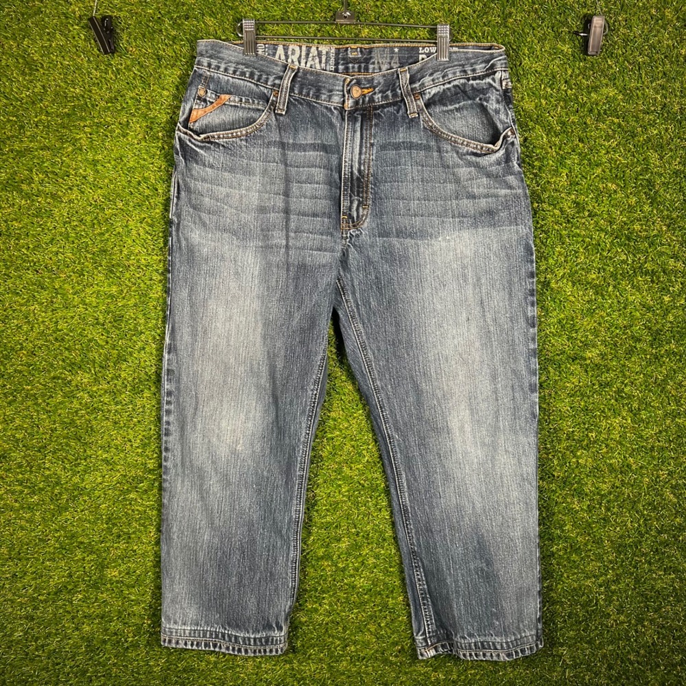 Ariat M4 Low Rise Boot Cut Jeans Mens 34x32 Hemmed to 26 Medium Wash Blue‎ Denim